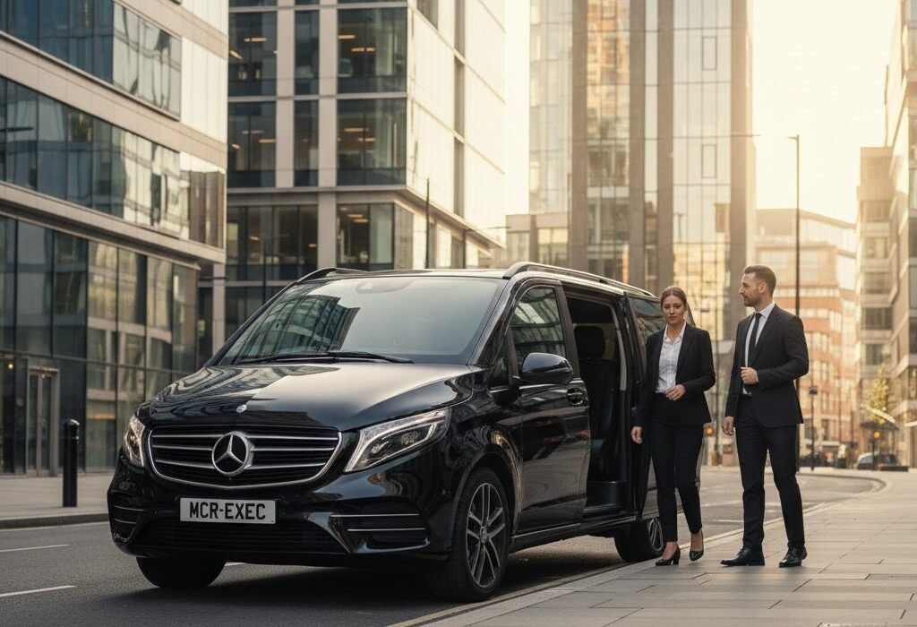 Mercedes V-Class Chauffeur Service Manchester featuring black 2025 Mercedes V-Class MPV by MCR EXEC with MCR-EXEC number plate outside Spinningfields corporate offices