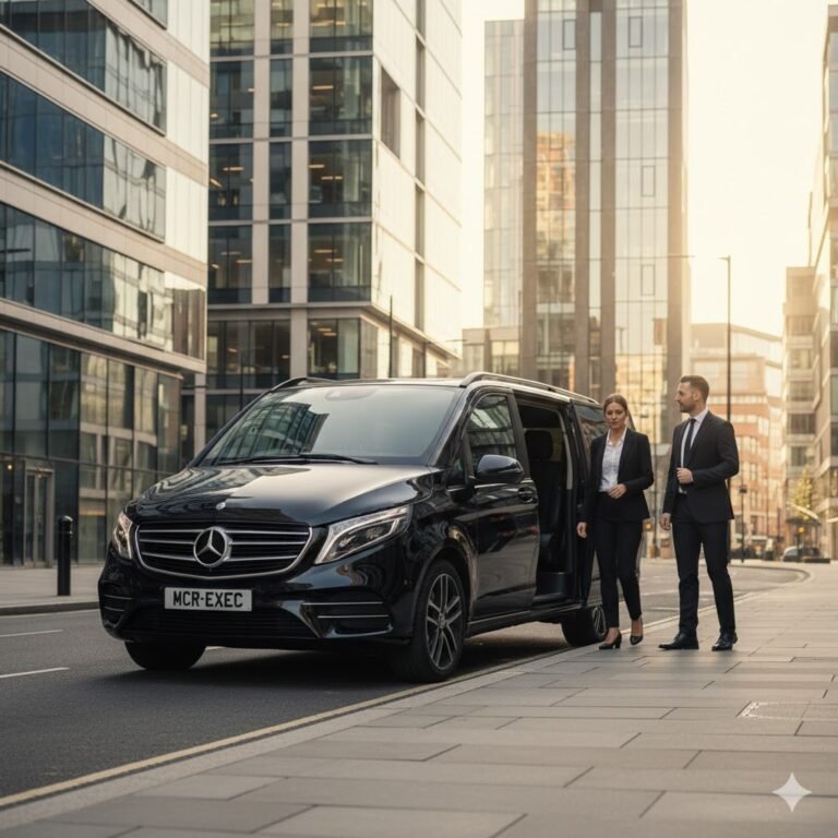 Mercedes V-Class Chauffeur Service Manchester featuring black 2025 Mercedes V-Class MPV by MCR EXEC with MCR-EXEC number plate outside Spinningfields corporate offices