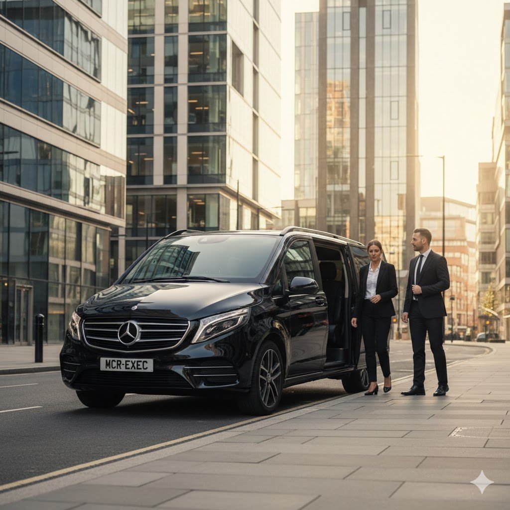 Mercedes V-Class Chauffeur Service Manchester featuring black 2025 Mercedes V-Class MPV by MCR EXEC with MCR-EXEC number plate outside Spinningfields corporate offices