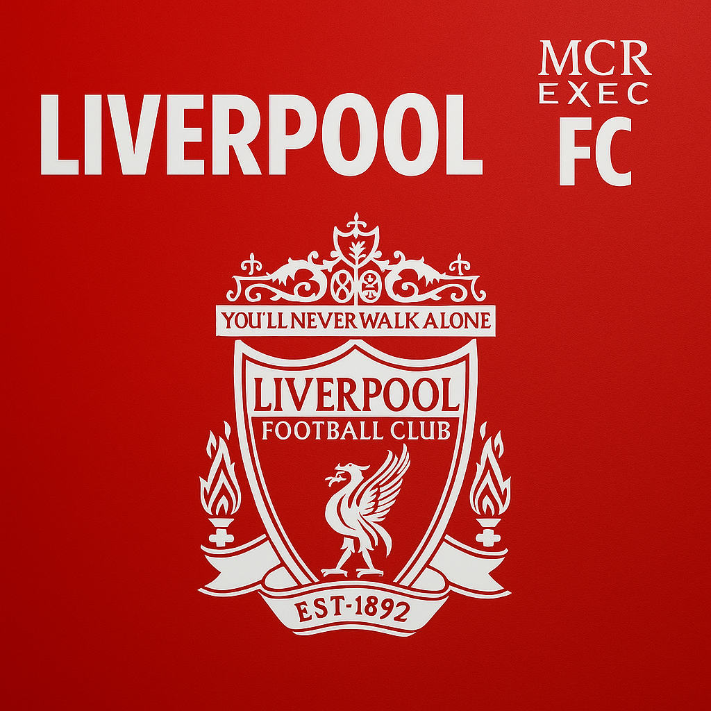 Liverpool Football Club crest on a red background featuring the MCR EXEC logo and the club’s motto “You’ll Never Walk Alone.” Represents MCR EXEC’s Liverpool FC Chauffeur Services.