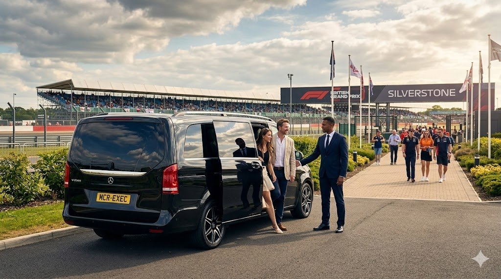 British Grand Prix Chauffeur Service with MCR EXEC Mercedes V-Class for group travel to Silverstone from Manchester