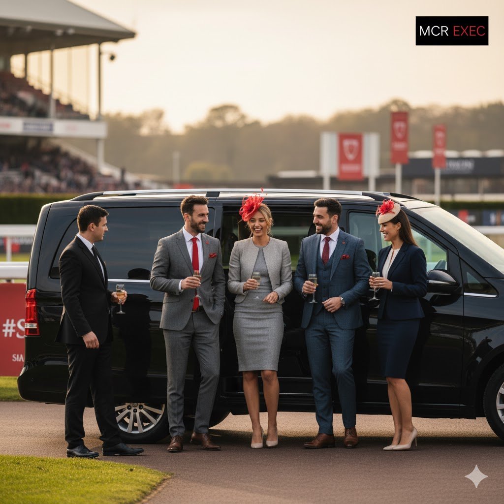 Luxury chauffeur opening a black Mercedes V-Class for elegantly dressed guests at Cheltenham Racecourse during the Cheltenham Festival, all smiling and holding champagne glasses, representing MCR EXEC’s premium chauffeur service.