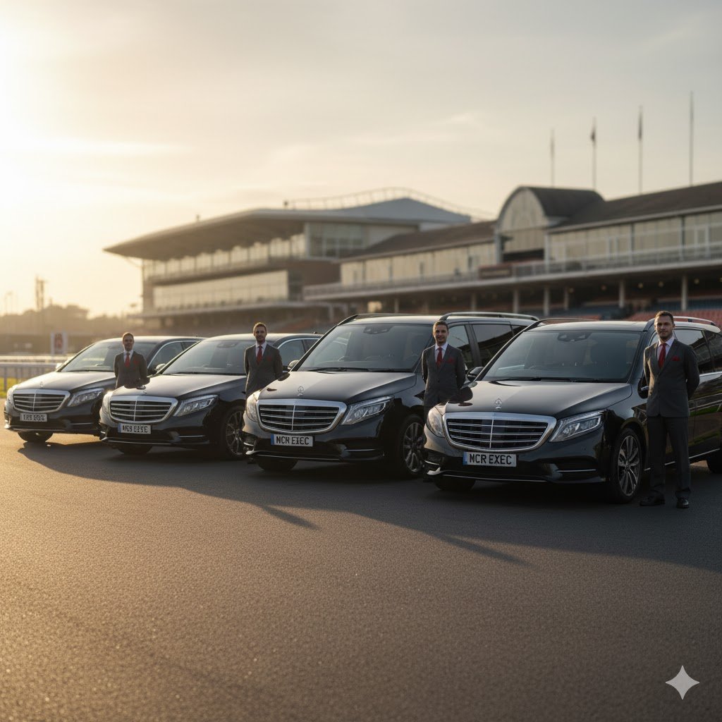 Fleet of black Mercedes chauffeur vehicles lined up outside Cheltenham Racecourse at sunrise, representing MCR EXEC’s Cheltenham Festival Chauffeur Services with professional chauffeurs standing beside each car. Cheltenham Festival Chauffeur Services