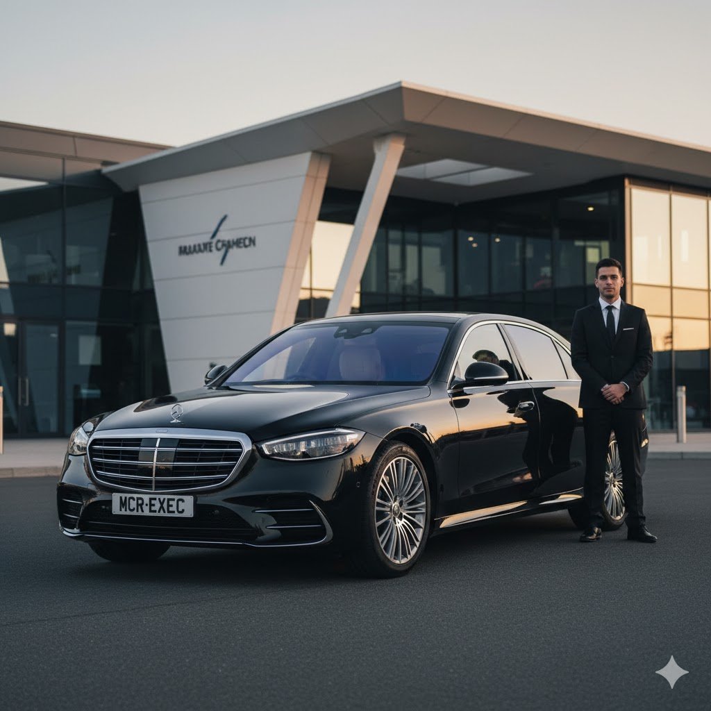 Mercedes S-Class Chauffeur Service Manchester featuring black 2025 Mercedes S-Class saloon by MCR EXEC with MCR-EXEC number plate outside a private aviation terminal
