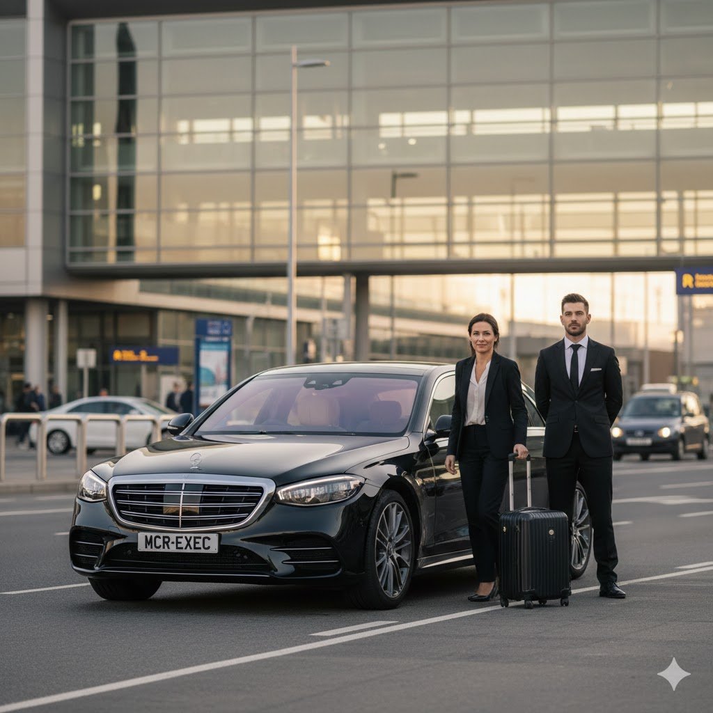 Manchester Airport Chauffeur Service with black 2025 Mercedes S-Class and MCR-EXEC number plate operated by MCR EXEC outside Manchester Airport Terminal 2 with professional chauffeur assisting business passenger.