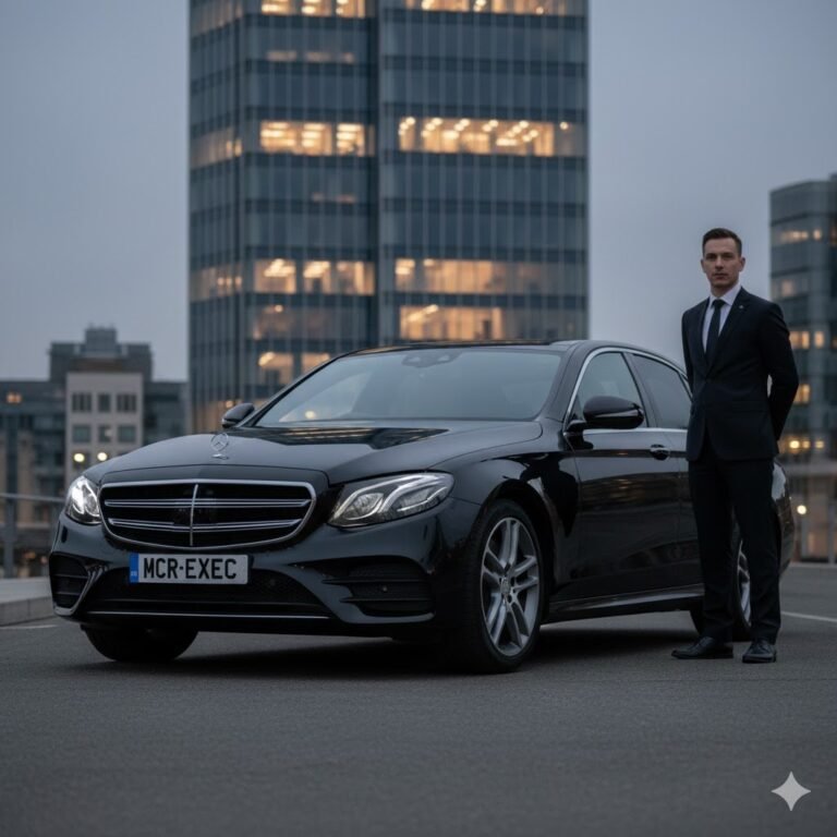 Mercedes E-Class Chauffeur Service Manchester – black 2025 Mercedes E-Class Business Class saloon with MCR-EXEC number plate, executive chauffeur beside vehicle in Manchester city setting