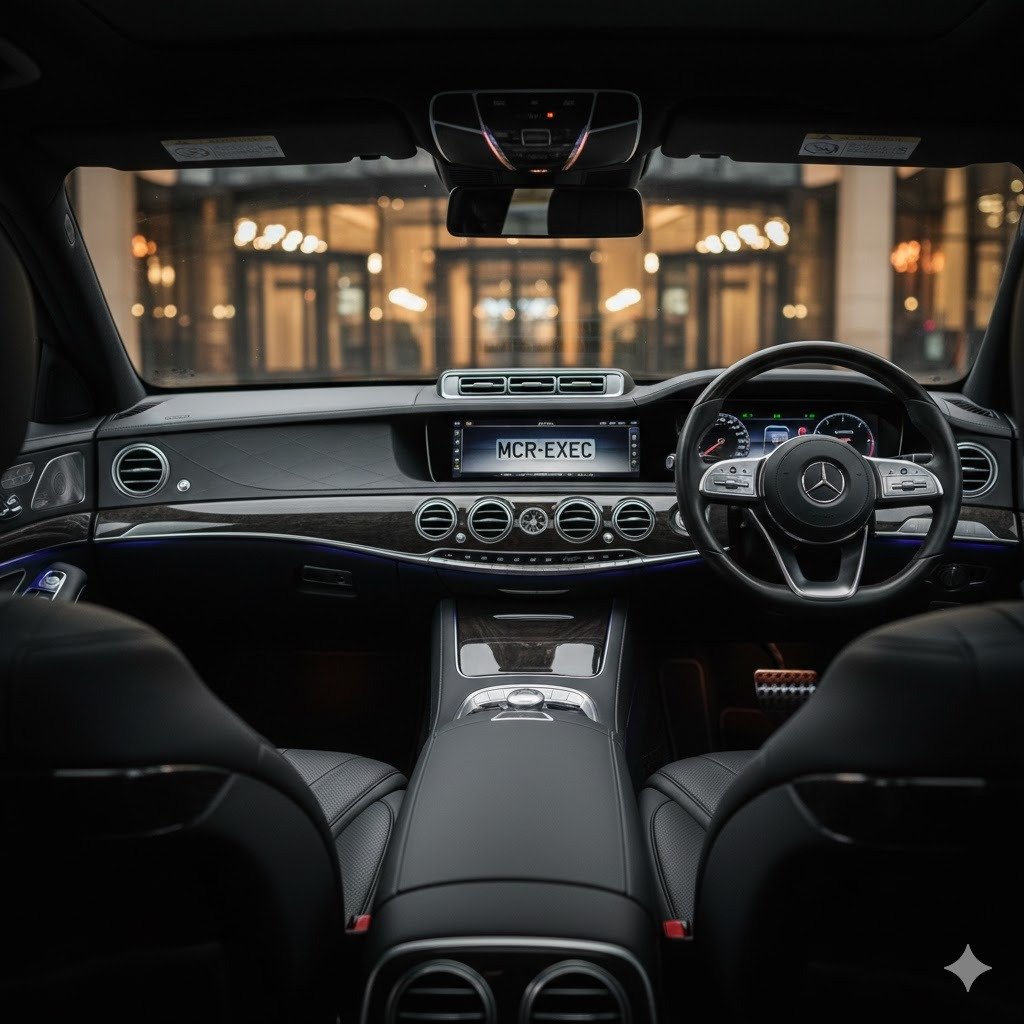 Rear passenger view inside a Mercedes S-Class in Manchester
