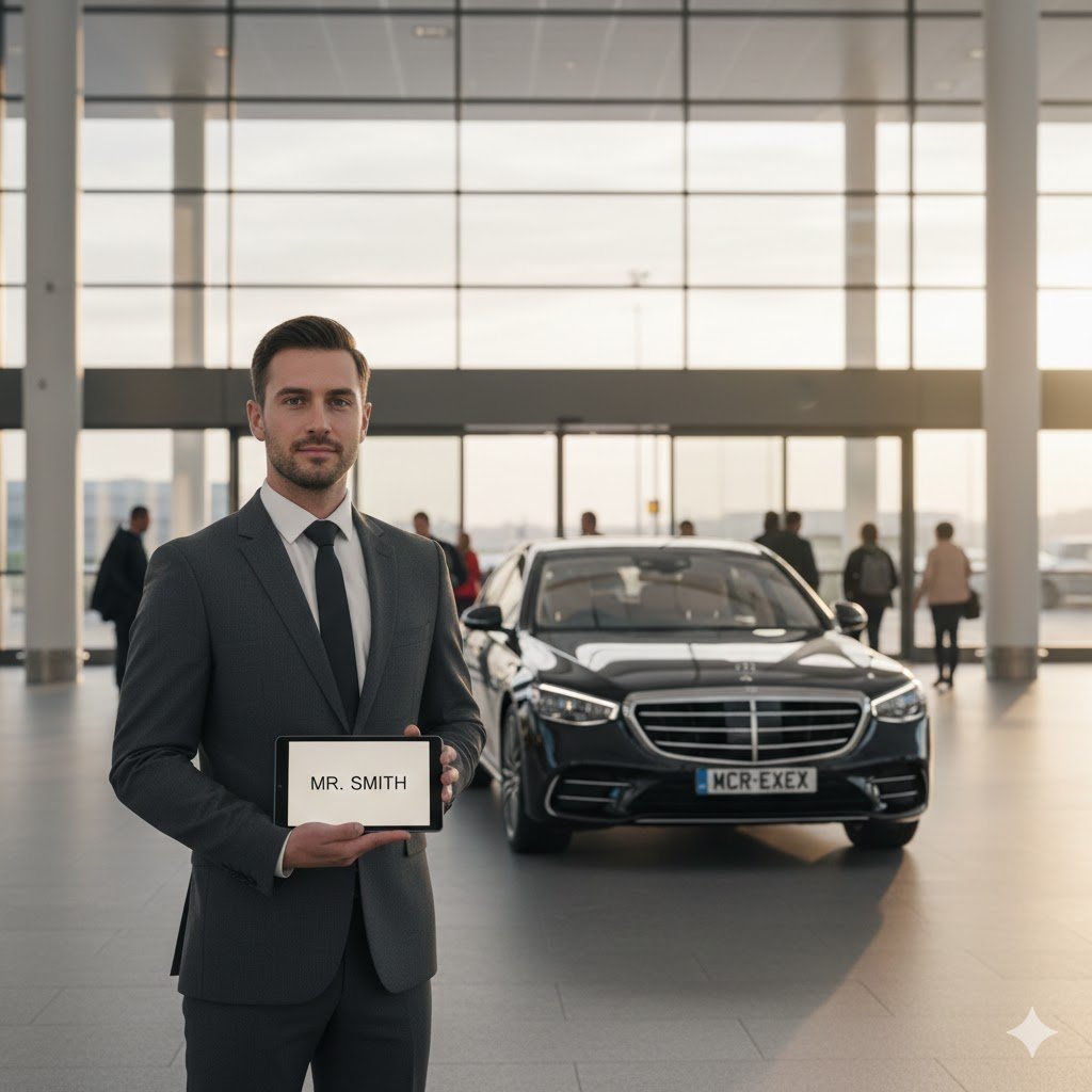 Airport Chauffeur Services featuring a black 2025 Mercedes S-Class with MCR-EXEC number plate and professional chauffeur holding digital name board inside airport arrivals hall