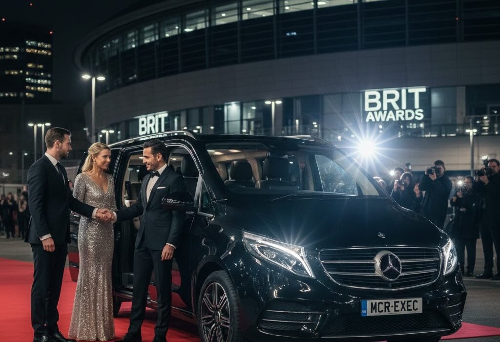 Music Event Chauffeur Service Manchester – 2025 black Mercedes V-Class with MCR-EXEC number plate arriving at Brit Awards red carpet in Manchester