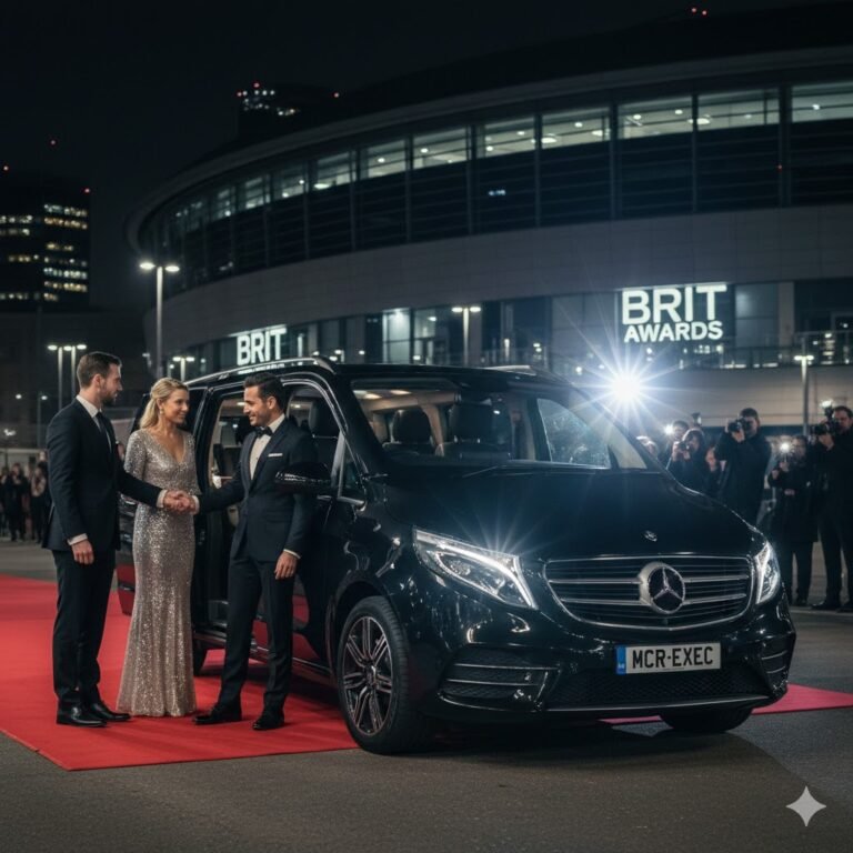 Music Event Chauffeur Service Manchester – 2025 black Mercedes V-Class with MCR-EXEC number plate arriving at Brit Awards red carpet in Manchester