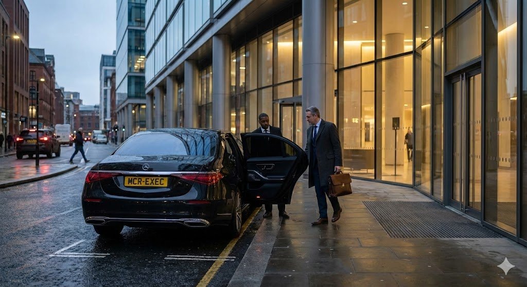 C-suite executive exiting black 2025 Mercedes S-Class with MCR-EXEC number plate during corporate chauffeur services Manchester by MCR-EXEC.