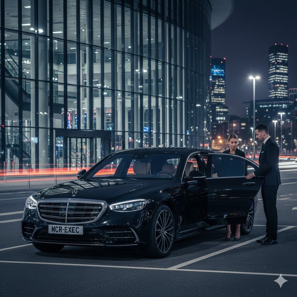 Music Events Chauffeur Service Manchester – 2025 black Mercedes S-Class with MCR-EXEC number plate arriving outside Manchester arena at night