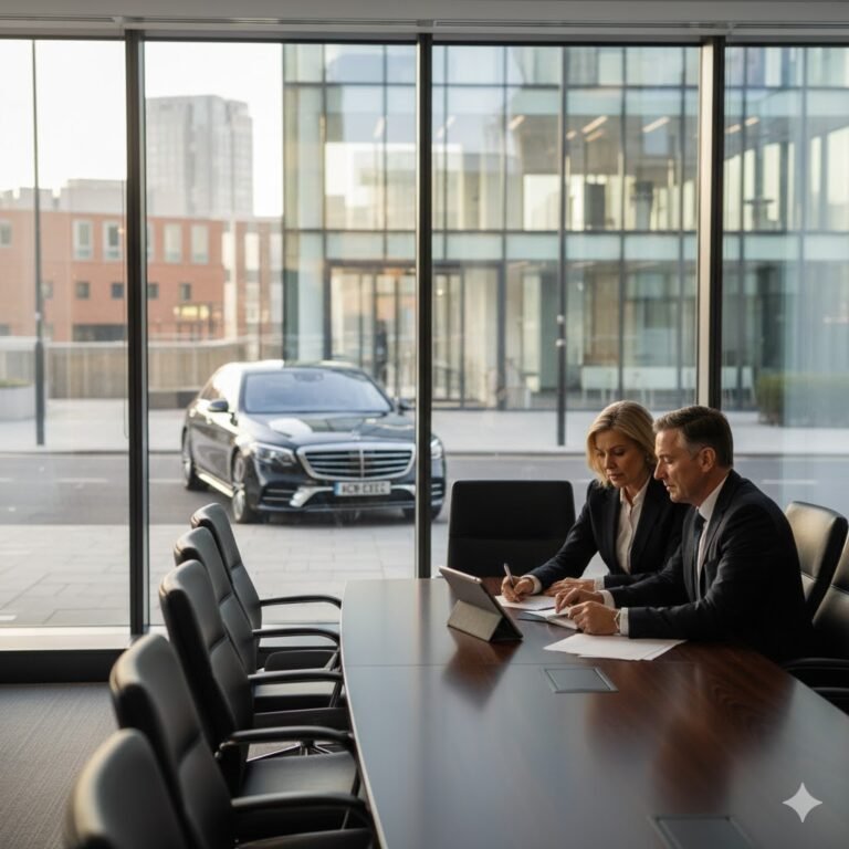 Corporate Chauffeur Services Manchester represented by executive boardroom meeting with black 2025 Mercedes S-Class MCR-EXEC parked outside Manchester city centre office building.
