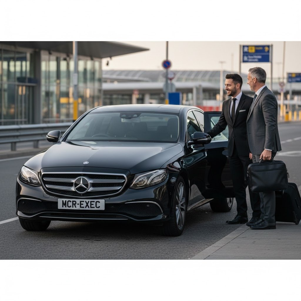 Mercedes E-Class airport chauffeur service with executive passengers and luggage