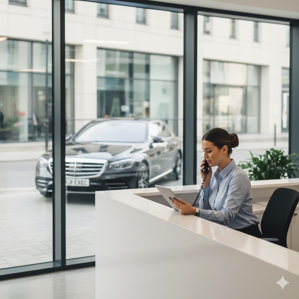 Corporate Chauffeur Services Manchester by MCR-EXEC showing executive assistant coordinating business transport inside Manchester office with black 2025 Mercedes S-Class MCR-EXEC parked outside.
