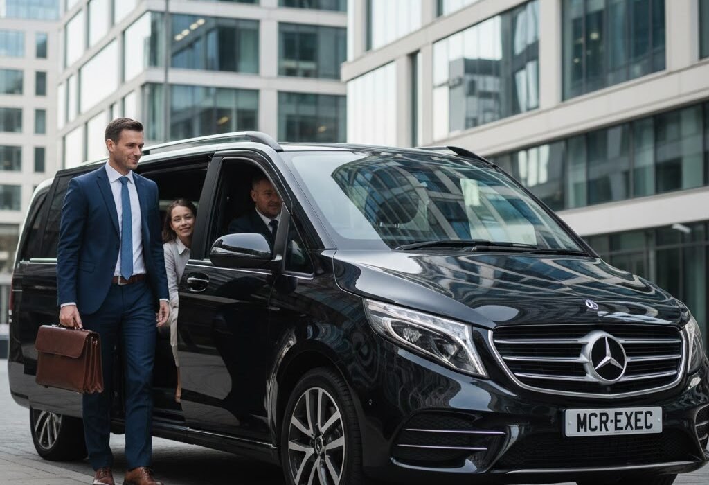 Hourly Chauffeur Service Manchester – black 2025 Mercedes V-Class with MCR-EXEC number plate outside a Manchester office as executive parent steps out while family remains seated inside luxury vehicle