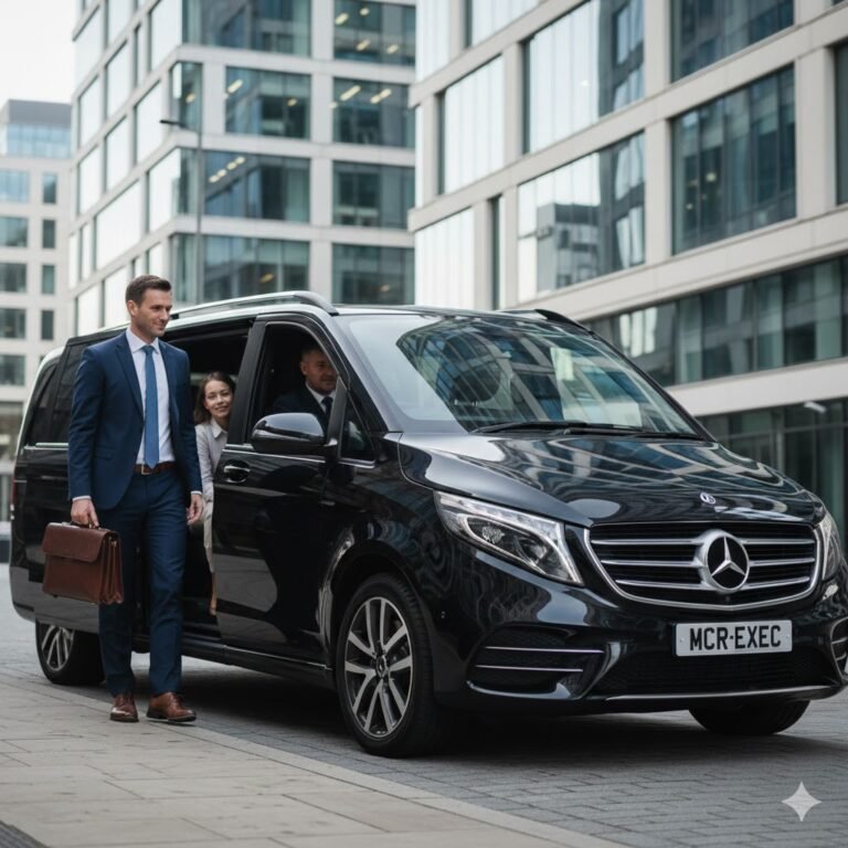 Hourly Chauffeur Service Manchester – black 2025 Mercedes V-Class with MCR-EXEC number plate outside a Manchester office as executive parent steps out while family remains seated inside luxury vehicle