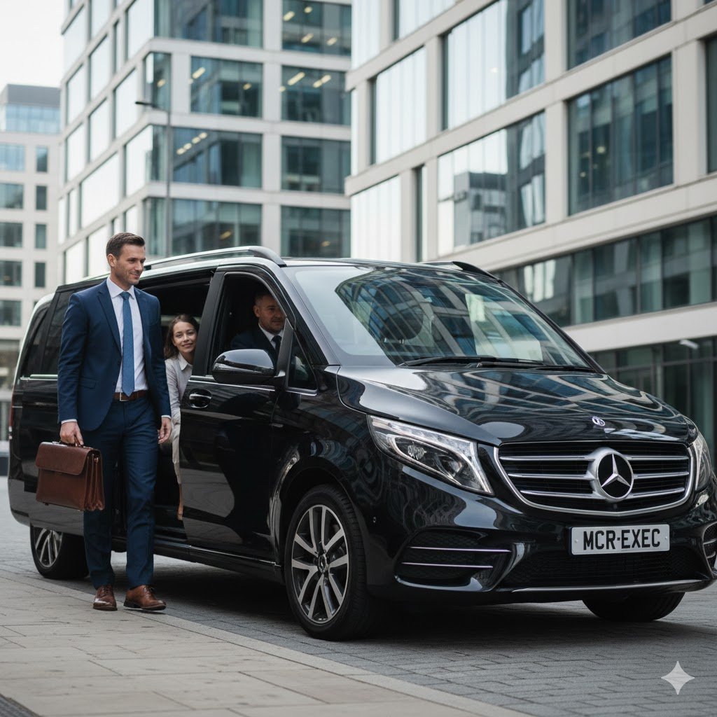 Hourly Chauffeur Service Manchester – black 2025 Mercedes V-Class with MCR-EXEC number plate outside a Manchester office as executive parent steps out while family remains seated inside luxury vehicle