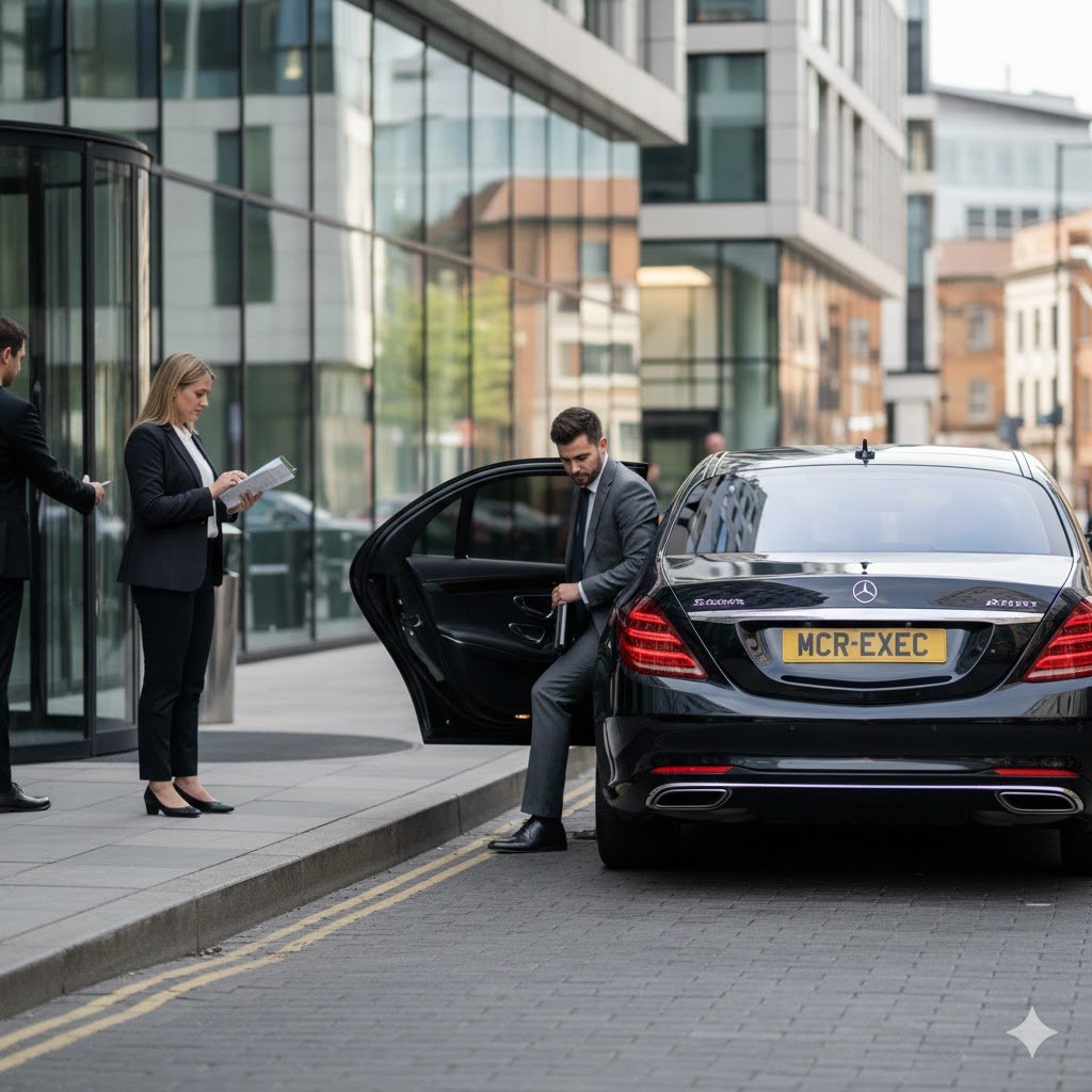 Hourly Chauffeur Service Manchester with black 2025 Mercedes S-Class and MCR-EXEC number plate collecting business travellers outside a Spinningfields office for flexible executive transport
