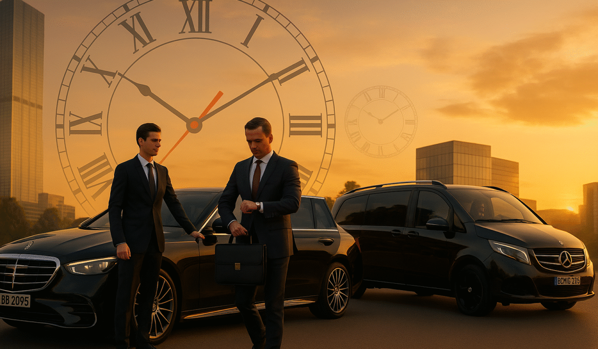 Luxury chauffeur banner showing a black 2025 Mercedes S-Class and V-Class at golden hour in Manchester, chauffeur opening the door for a business executive, with large clock faces symbolising hourly chauffeur services.