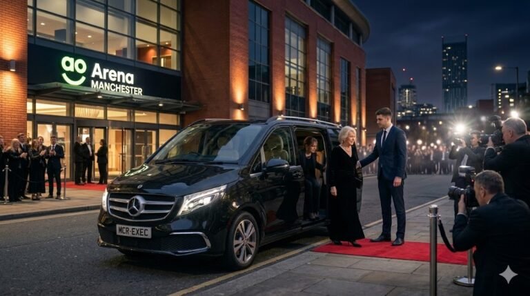 Special Event Chauffeur Service Manchester with black Mercedes V-Class MPV and professional chauffeur assisting VIP passengers at a luxury evening event venue – MCR EXEC