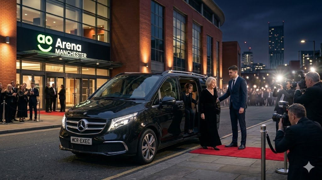 Special Event Chauffeur Service Manchester with black Mercedes V-Class MPV and professional chauffeur assisting VIP passengers at a luxury evening event venue – MCR EXEC