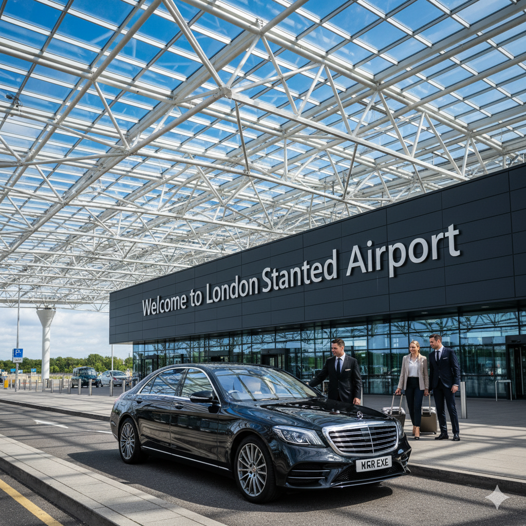 Luxury black Mercedes S-Class with MCR EXEC plate parked outside London Stansted Airport terminal. A professional chauffeur in a suit opens the door as two business travellers with luggage walk towards the vehicle, representing premium chauffeur services.