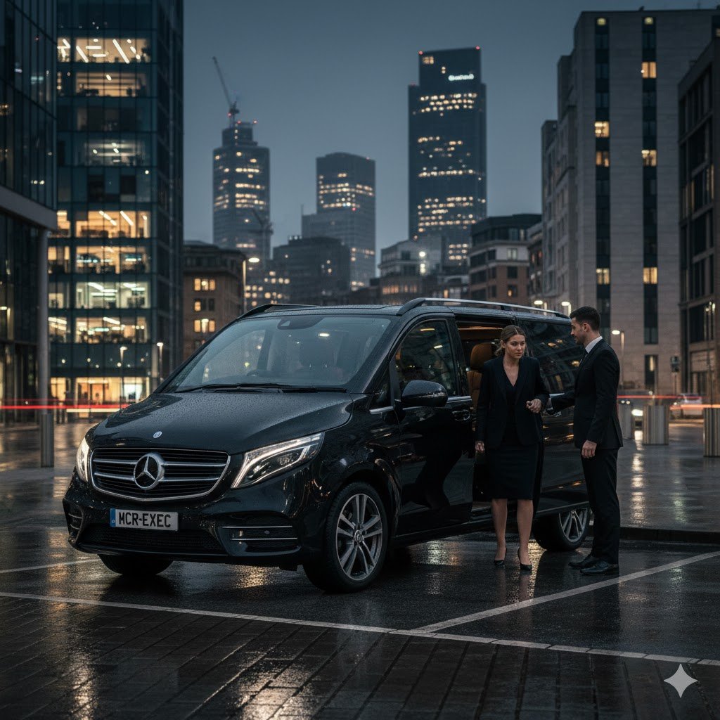Music Event Chauffeur Service Manchester featuring a 2025 black Mercedes V-Class with MCR-EXEC number plate positioned outside a Manchester arena at night for concert arrival