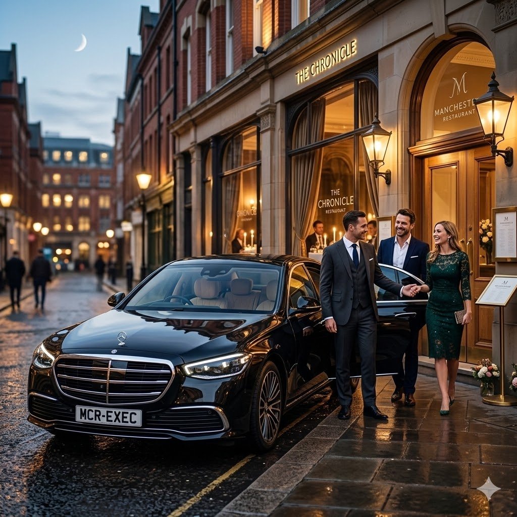 Anniversary chauffeur service Manchester black Mercedes S-Class luxury arrival for romantic evening dinner MCR-EXEC