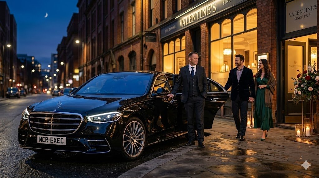 Mercedes S-Class chauffeur arrival for a special evening in Manchester.