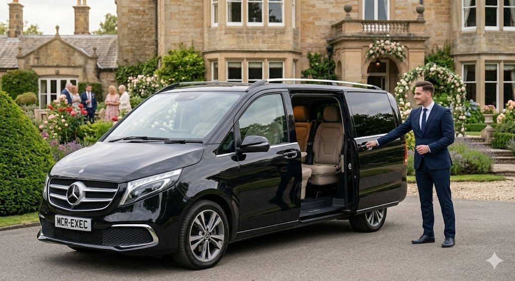 Wedding Chauffeur Service Manchester with black Mercedes V-Class luxury wedding car and bride and groom arriving at a Manchester wedding venue with professional chauffeur – MCR EXEC
