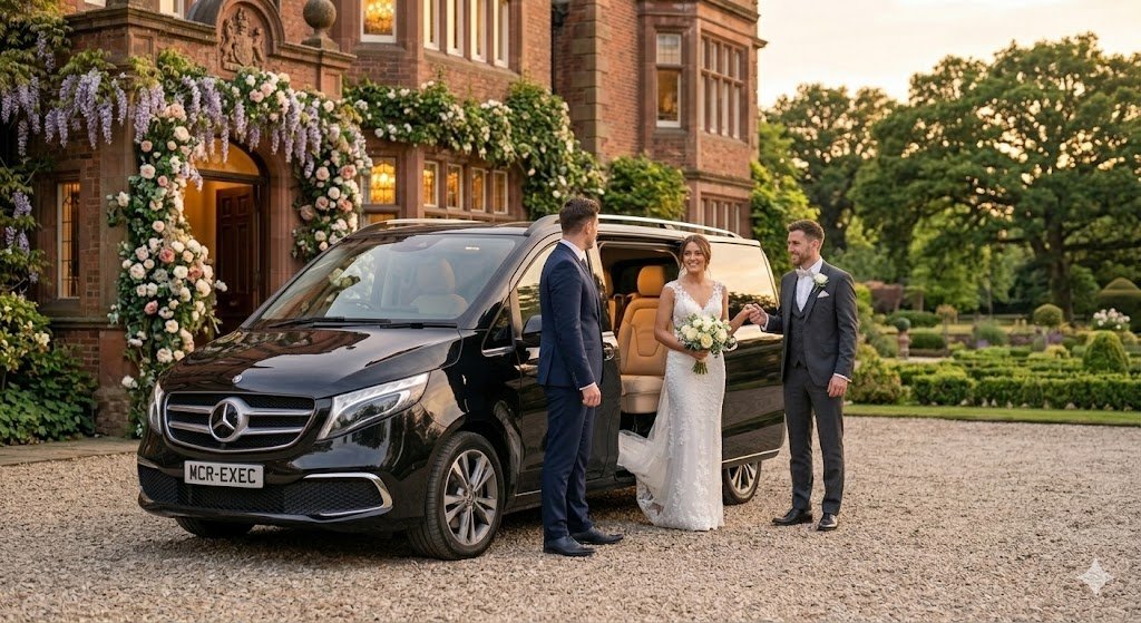 Mercedes V-Class by MCR EXEC outside a premium Bolton city centre location for Private Chauffeur Service in Bolton 