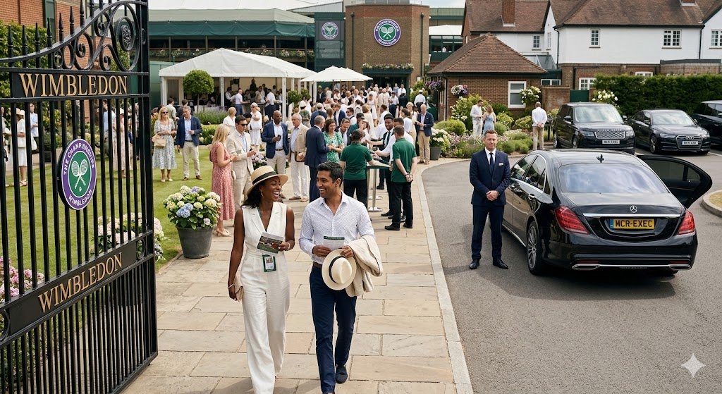 Sporting event chauffeur service guests arriving at Wimbledon Championships with black Mercedes S-Class vehicle by MCR-EXEC