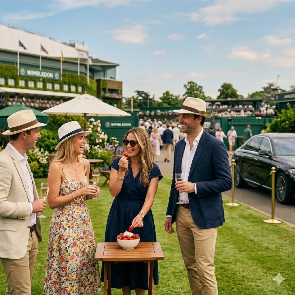 Sporting Event Chauffeur Service black Mercedes S-Class vehicle MCR-EXEC in background with guests attending Wimbledon tennis championships