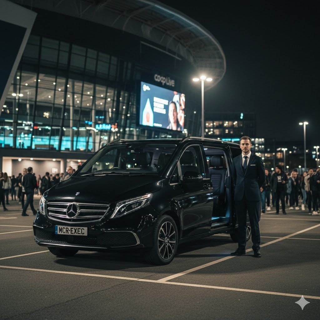 Arena Chauffeur Service with black Mercedes-Benz V-Class by MCR EXEC at night for a Manchester concert and event venue arrival