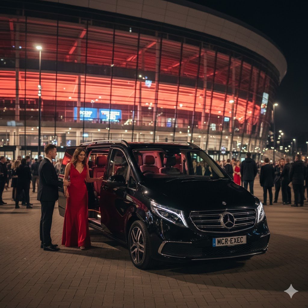 Arena Chauffeur Service at a UK concert venue with black 2025 Mercedes V-Class MPV and MCR-EXEC number plate providing luxury event transport outside a major arena at night.
