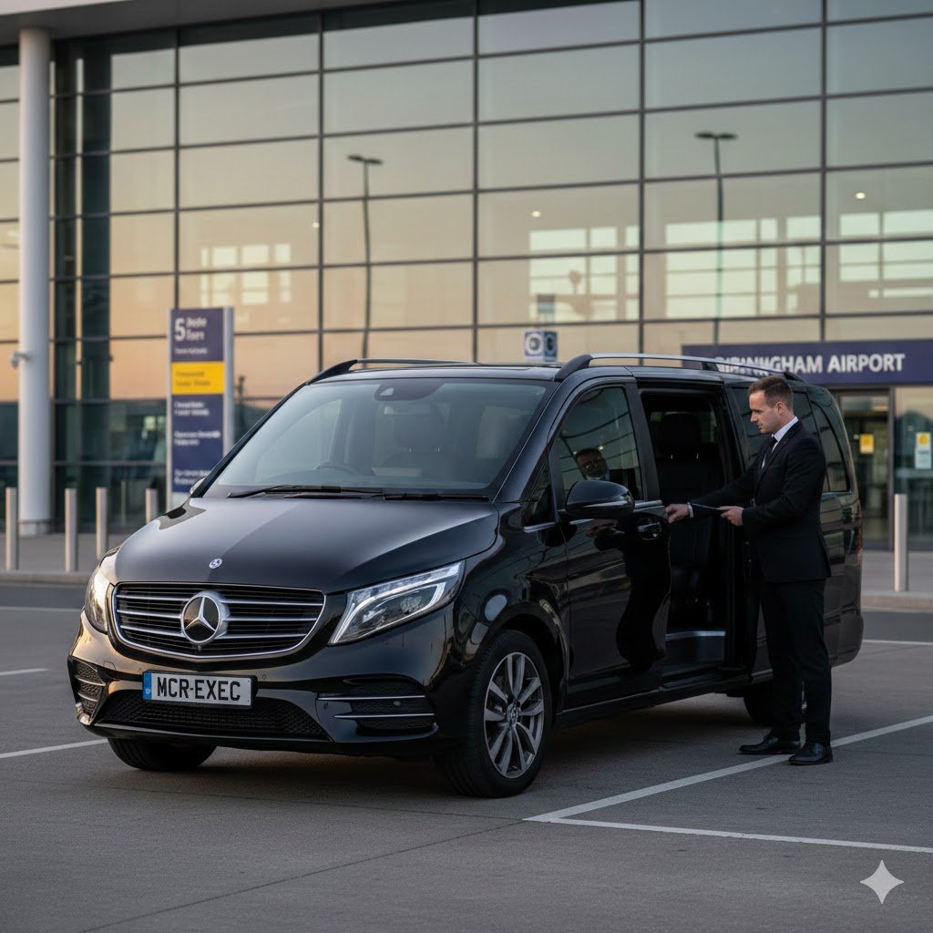 Birmingham Airport Chauffeur Services – black 2025 Mercedes V-Class MPV with MCR-EXEC number plate at Birmingham Airport terminal, chauffeur opening rear door for executive passenger.