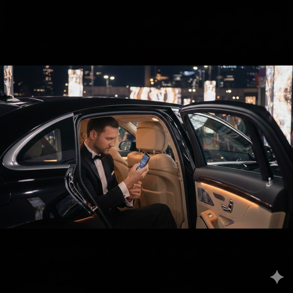 Brit Awards Chauffeur Hire Manchester inside black 2025 Mercedes S-Class with MCR-EXEC number plate before awards event