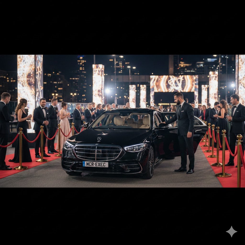 Brit Awards Chauffeur Service Manchester with black 2025 Mercedes S-Class and MCR-EXEC number plate arriving at awards venue red carpet at night