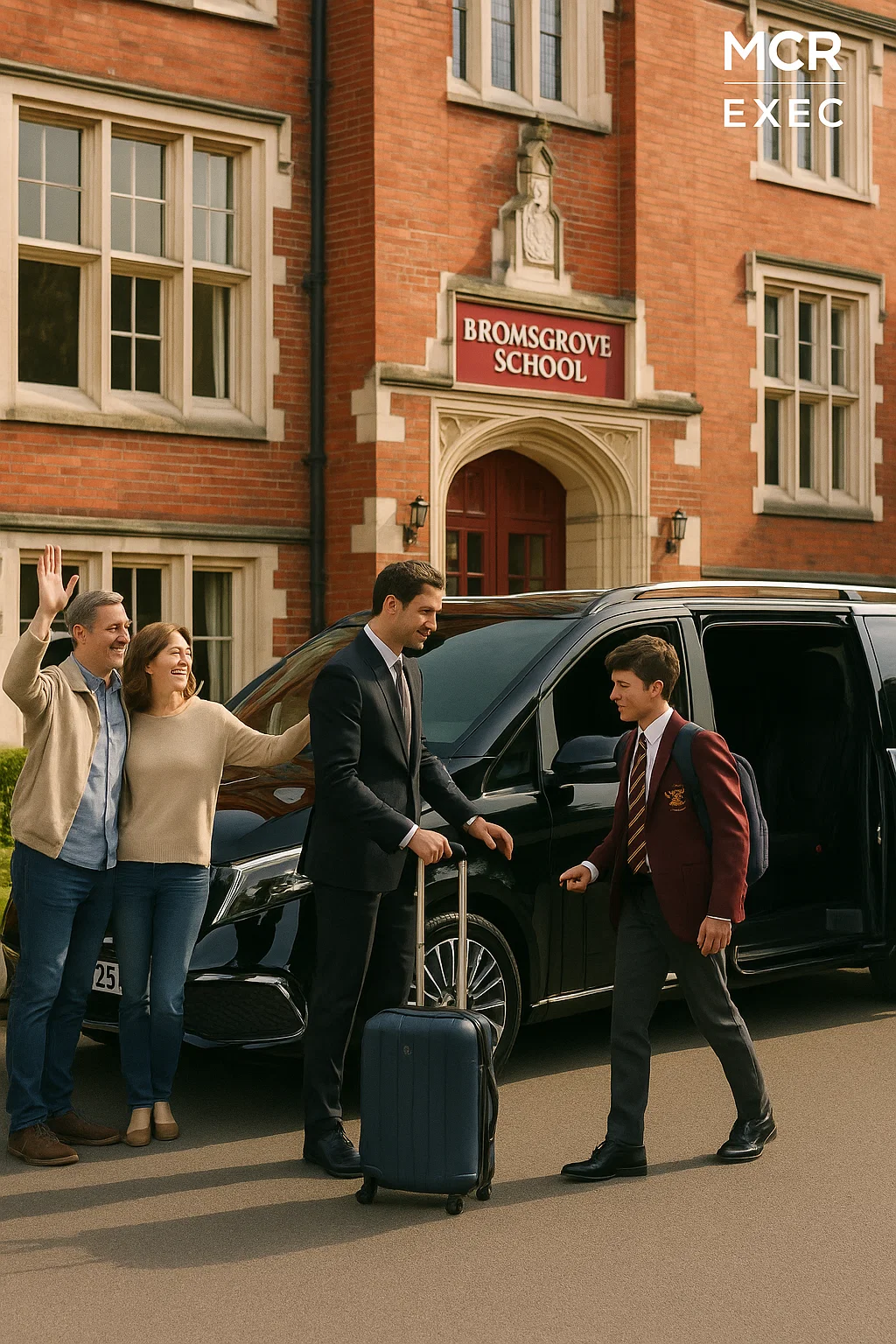 Chauffeur transfer from Manchester Airport to Bromsgrove School with professional driver assisting student and luggage beside a Mercedes V-Class.
