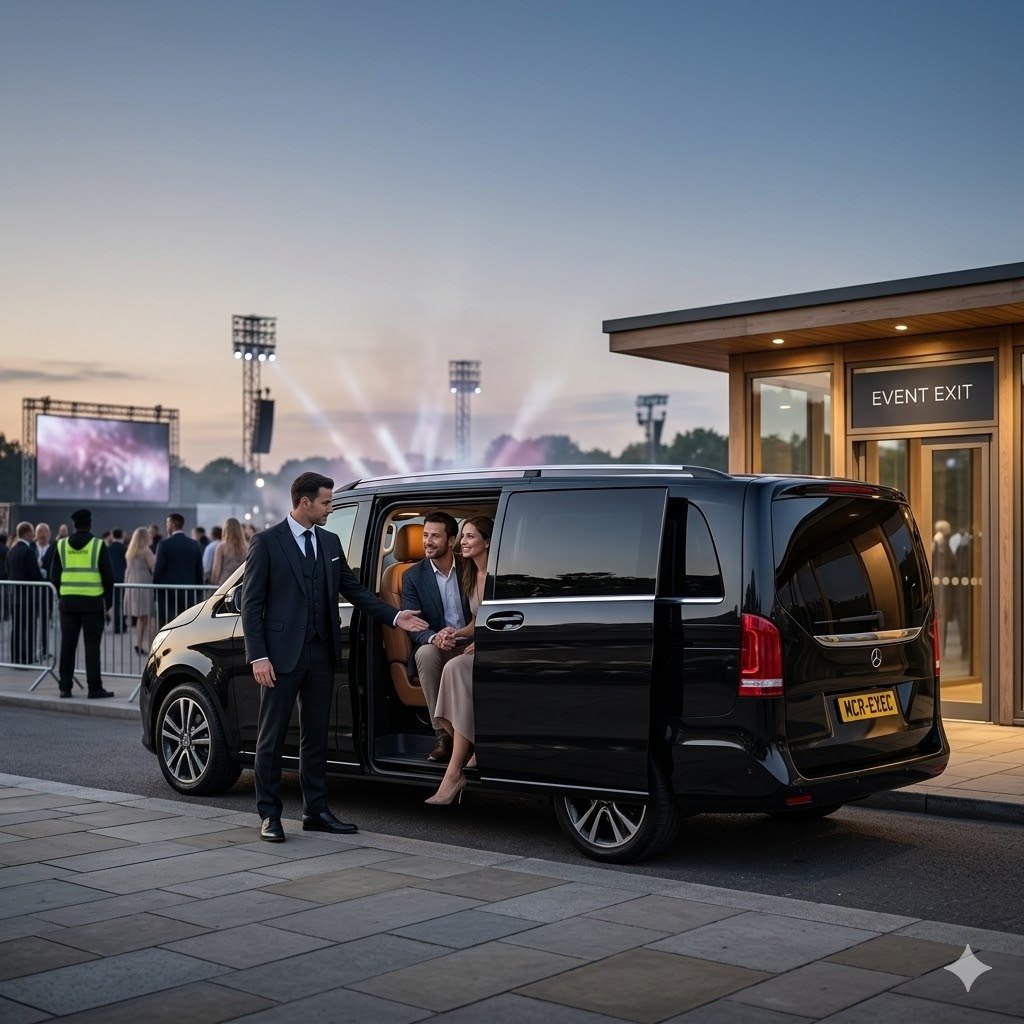 Festival Chauffeur Service Manchester featuring a black Mercedes V-Class luxury MPV by MCR-EXEC collecting stylish guests at a premium outdoor live event in the UK.