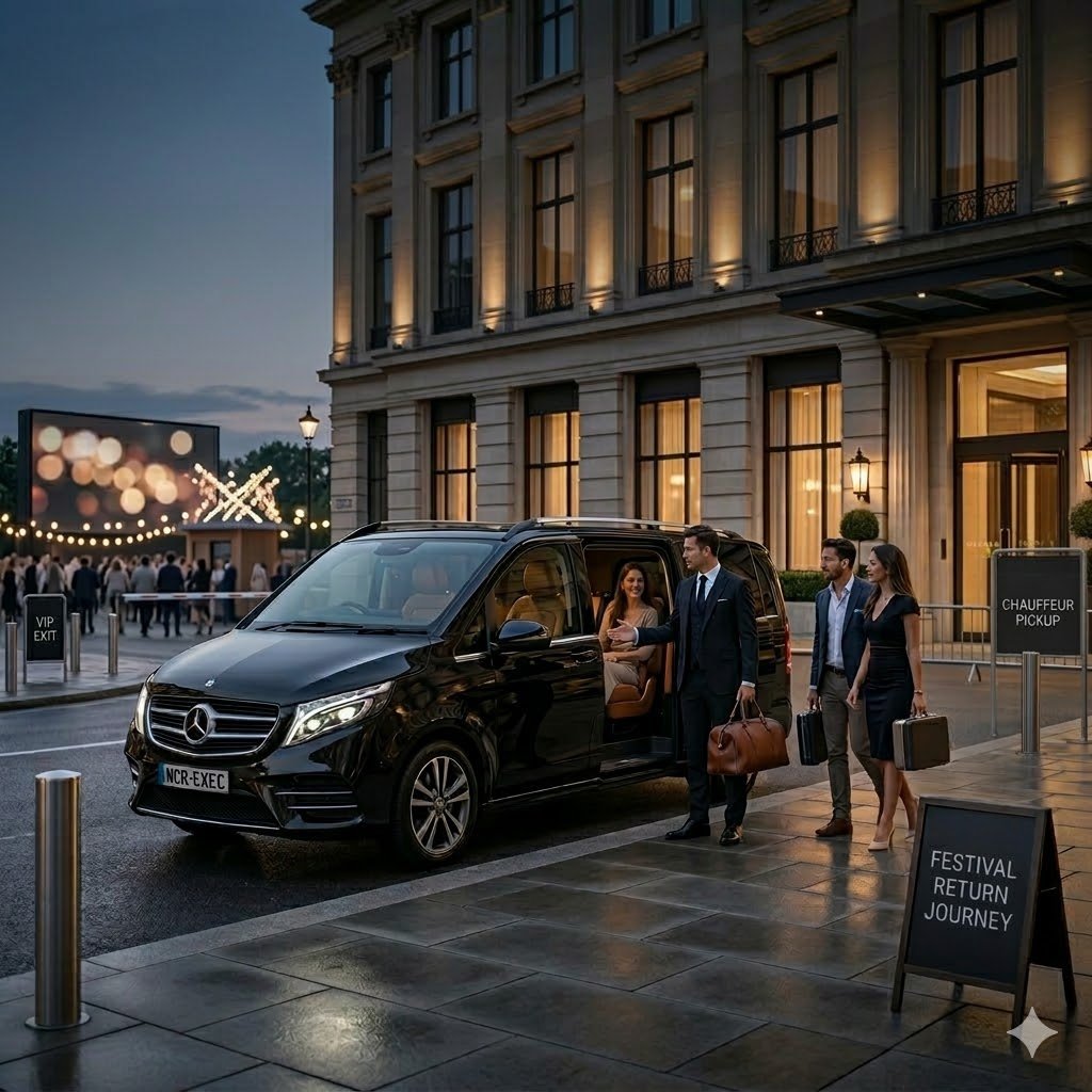 Festival chauffeur service Manchester with a black Mercedes V-Class by MCR-EXEC waiting in an elegant evening setting after a major outdoor live event for a premium return journey.