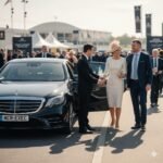 A First-Timer’s Guide to Watching the Grand National featuring a black 2025 Mercedes S-Class by MCR EXEC outside Aintree Racecourse with chauffeur assisting race-day guests.