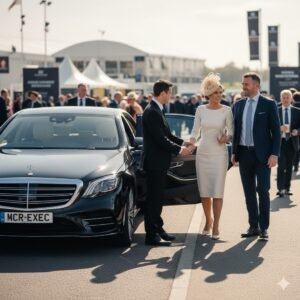 A First-Timer’s Guide to Watching the Grand National featuring a black 2025 Mercedes S-Class by MCR EXEC outside Aintree Racecourse with chauffeur assisting race-day guests.