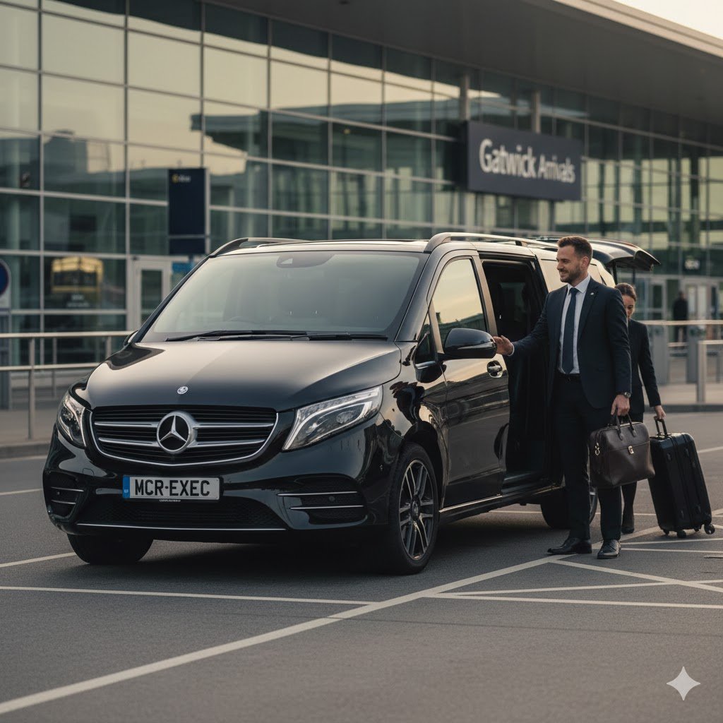 Gatwick Airport Chauffeur Services pickup with black Mercedes V-Class 2025 model and MCR-EXEC number plate greeting executive passenger outside Gatwick terminal