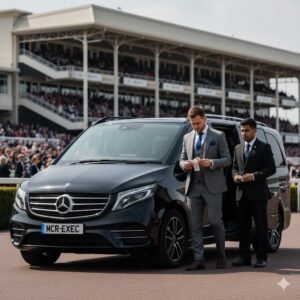 Grand National Betting race day arrival with black 2025 Mercedes V-Class by MCR-EXEC at Aintree Racecourse.