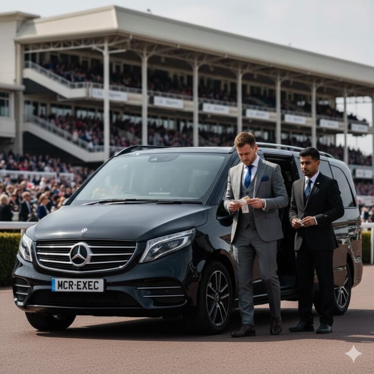 Grand National Betting race day arrival with black 2025 Mercedes V-Class by MCR-EXEC at Aintree Racecourse.
