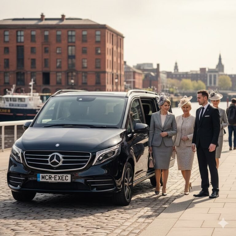 The Grand National Hotels arrival with black 2025 Mercedes V-Class by MCR-EXEC outside a luxury Liverpool hotel during race weekend.