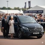 Grand National traditions celebrated at Aintree with black 2025 Mercedes V-Class by MCR-EXEC arriving for race day with chauffeur assisting guests