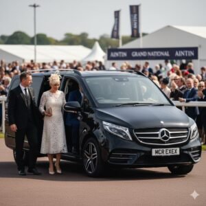 Grand National traditions celebrated at Aintree with black 2025 Mercedes V-Class by MCR-EXEC arriving for race day with chauffeur assisting guests